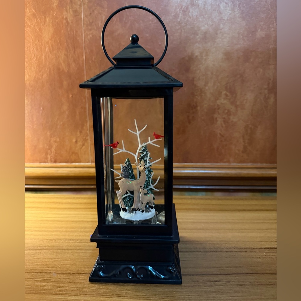 Merry Moments 11" Deer & Cardinals Snow Globe  Lighted Glitter Water Lantern